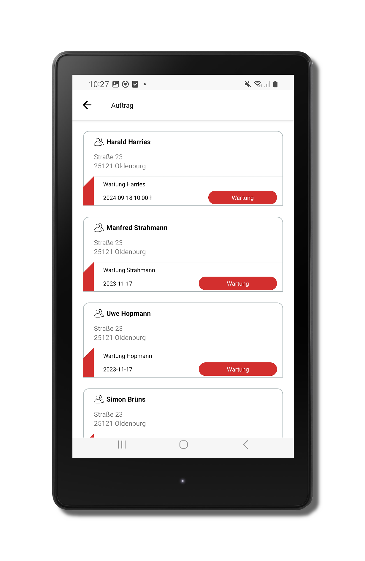 Liste Arbeitsaufträge in mobiler App