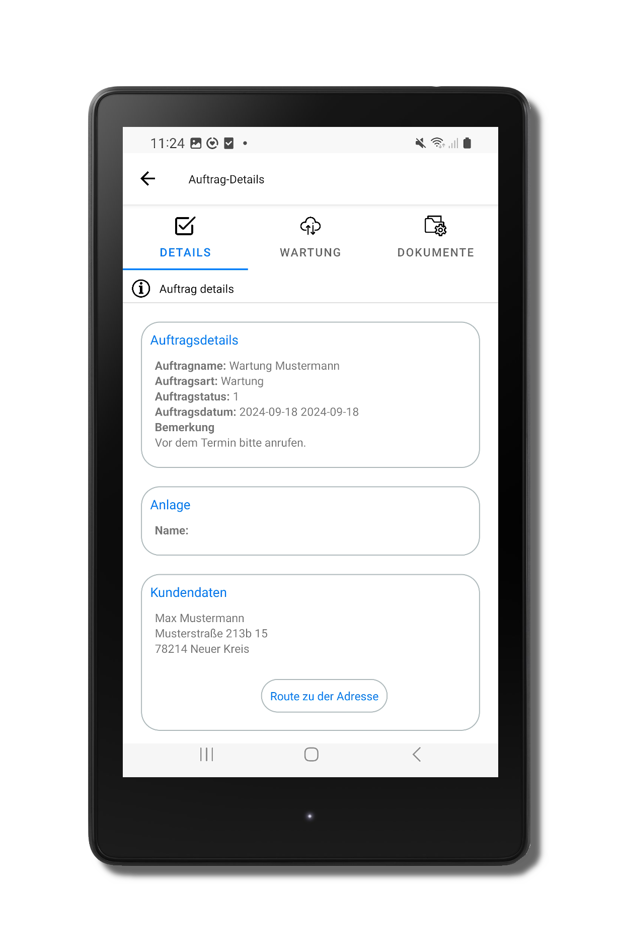 Auftragsdetails in mobiler Wartungs-App